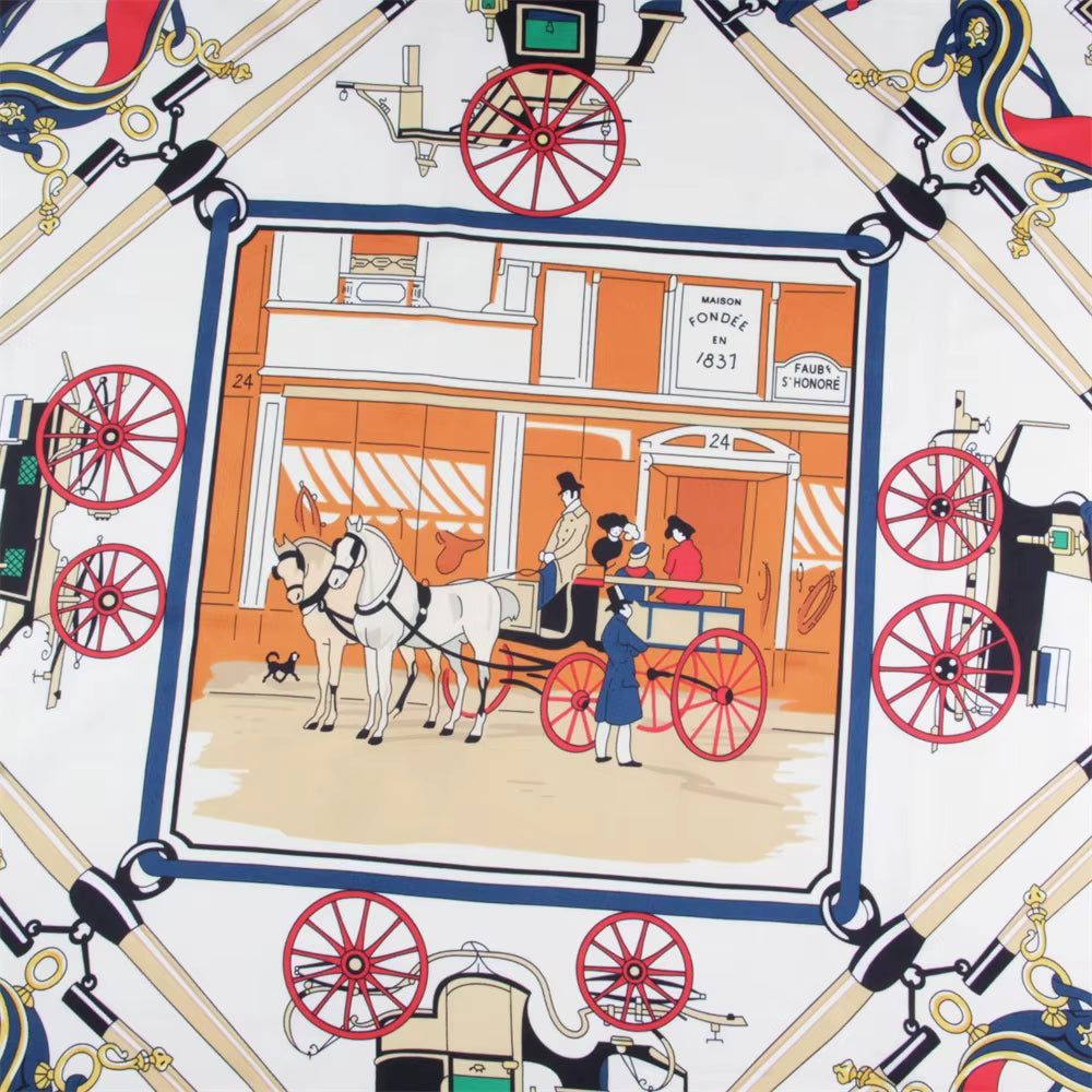 Detail of a silk scarf with a leader bar and horse and carriage motif.